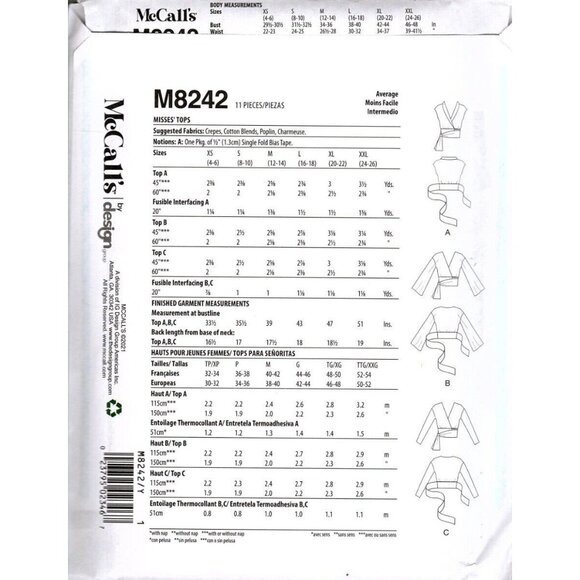 McCall's M8242 Misses XS to M Surplice Crop Tops Uncut Sewing Pattern New - Picture 2 of 2